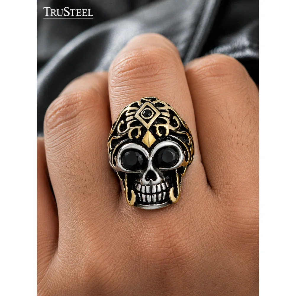 Gothic Skull Ring Black CZ Eyes Gold 316L Stainless Steel Biker Punk Men Size 8